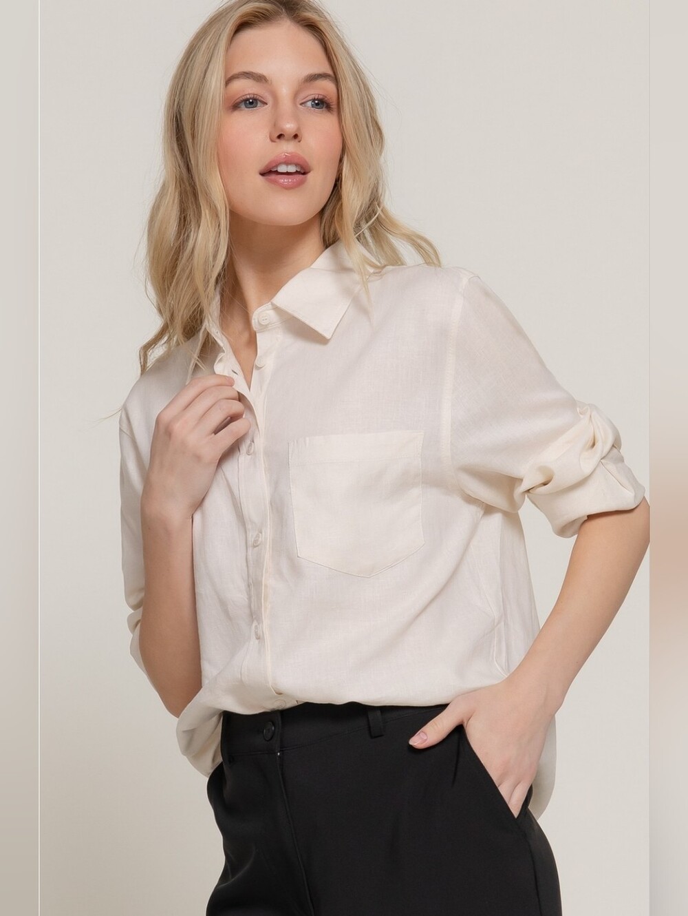 Active USA Long Sleeve Natural Linen Blend Button Front Collared Shirt